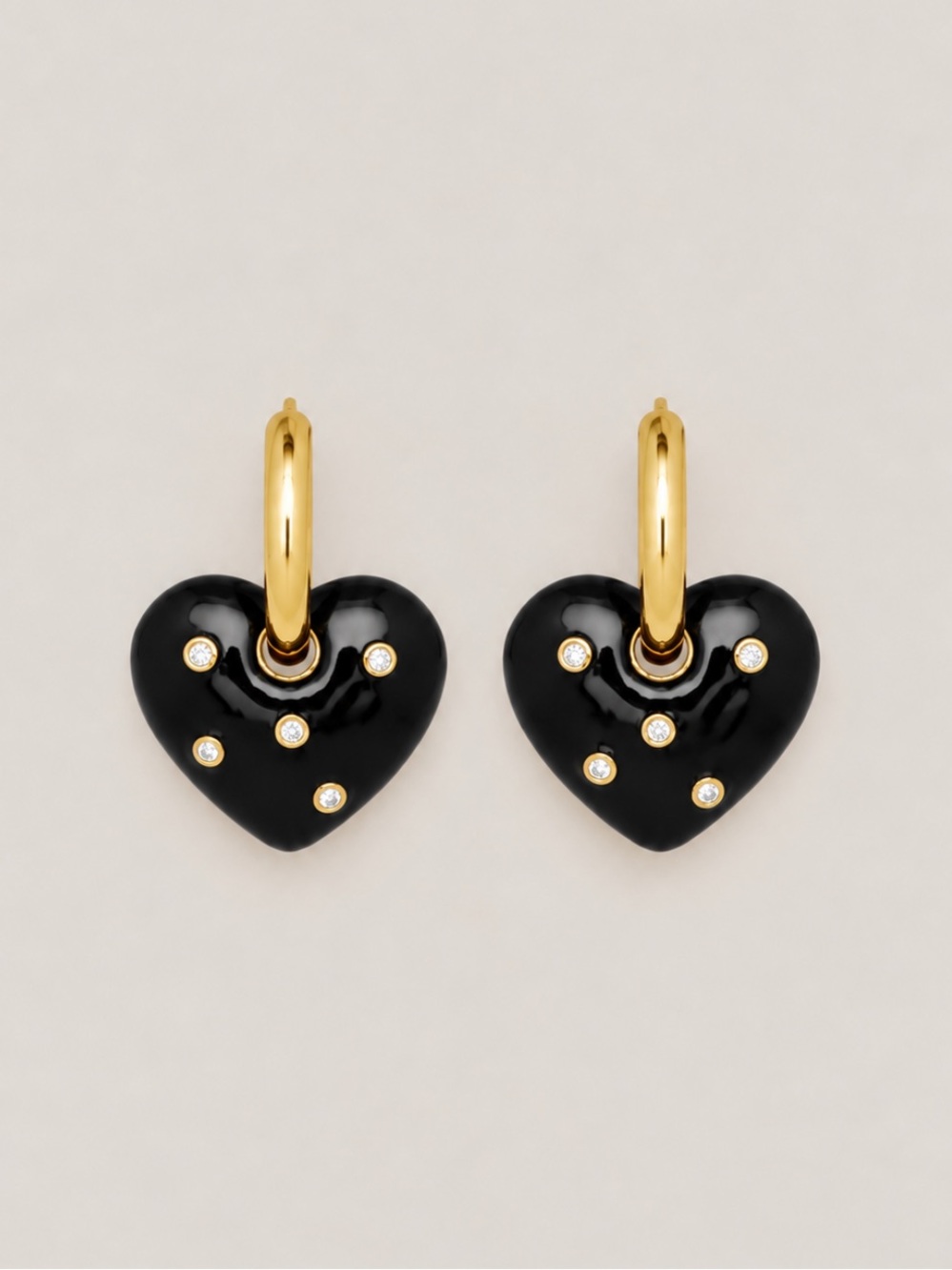 New! Black Heart Gold Huggie Hoop Drop Earrings NWOT